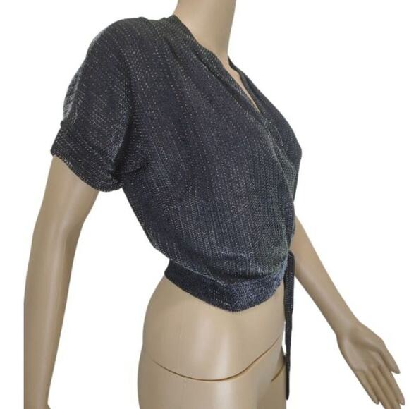 70s Cropped Black Silver Metallic Thread Short Sleeve V Neck Top Size Small - Picture 4 of 6